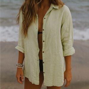 Soft Surroundings Lime Green 100% Linen Button Down Blouse Size Large